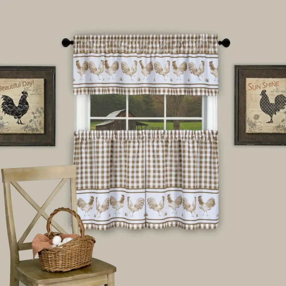 PowerSellerUSA 3 Piece Kitchen Curtain Set, Gingham Tier Pair and Valance,